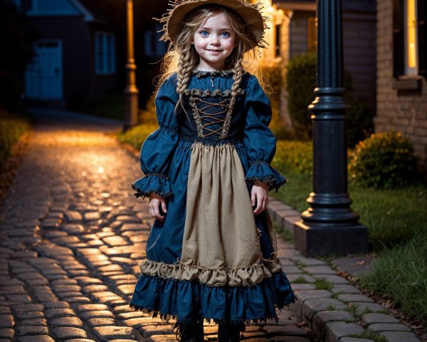Young girl in vintage dress on cobblestone path at dusk