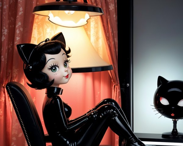 Stylized Cat-Like Doll in Elegant Black Outfit