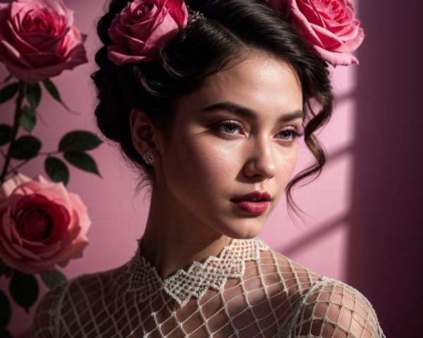 Young Woman with Elegant Hairstyle and Pink Roses