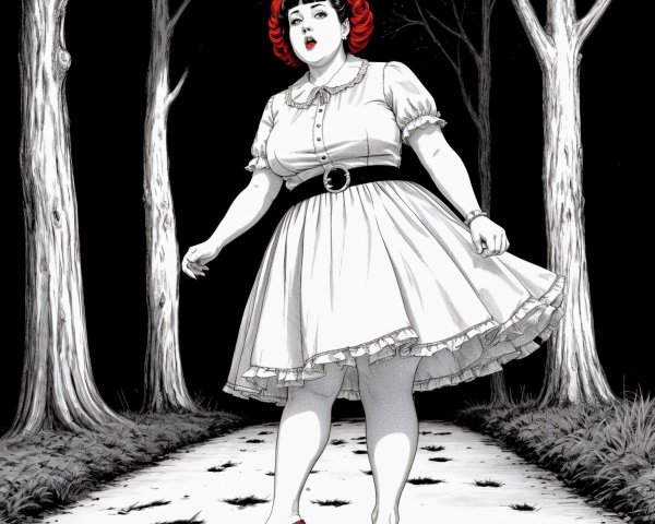 Young Woman in Vintage Dress on Shadowy Pathway