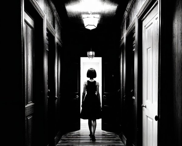 Dimly Lit Hallway with Closed Doors and Bright Light