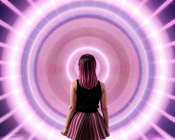 Young woman gazing into a swirling pink portal