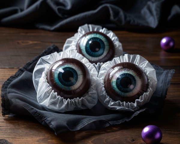 Realistic Eyeball Sweets on Dark Fabric Surface