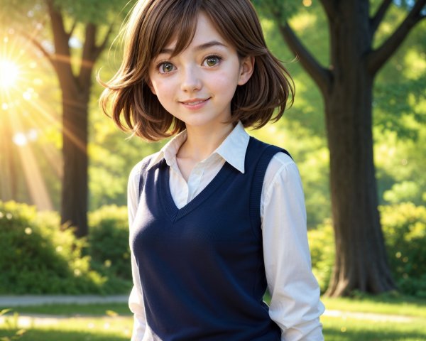 Young Girl in Sunlit Park Surrounded by Greenery