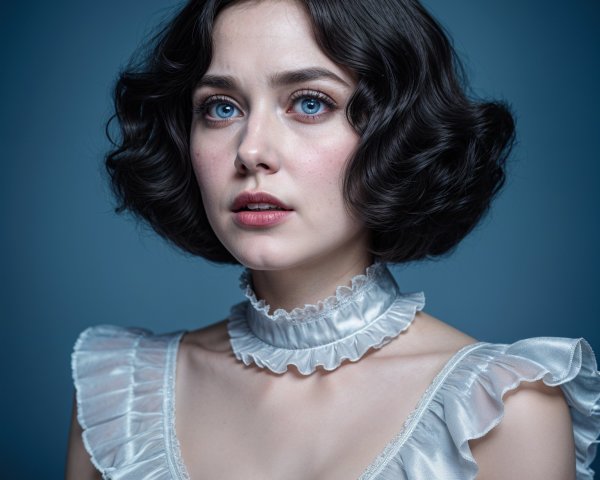 Young woman in ruffled dress with striking blue eyes