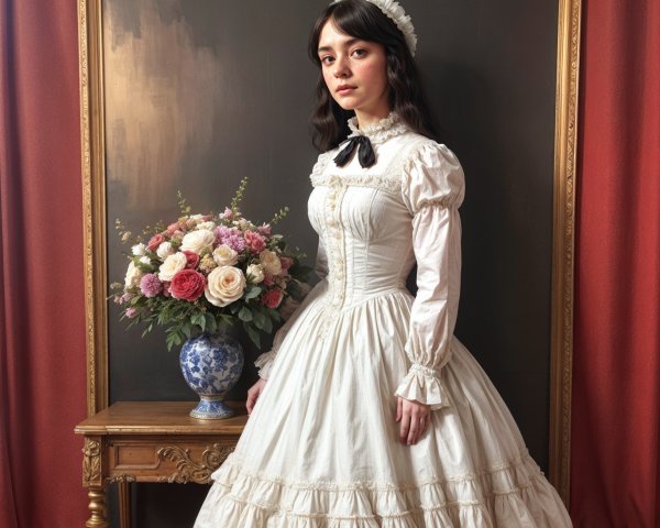 Vintage Woman in White Gown with Floral Arrangement