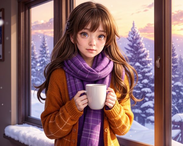 Cozy Winter Scene with Girl by Snowy Window