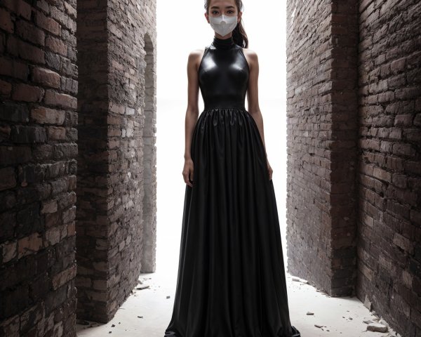 Elegant Woman in Black Gown with White Mask in Corridor