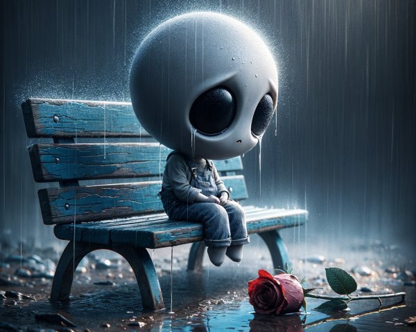 Melancholic Character on Bench in Rain with Rose