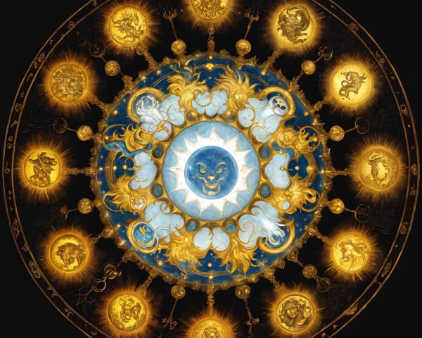 Celestial Design with Zodiac Symbols and Suns