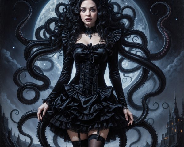 Mysterious Figure in Black Dress with Octopus Tentacles