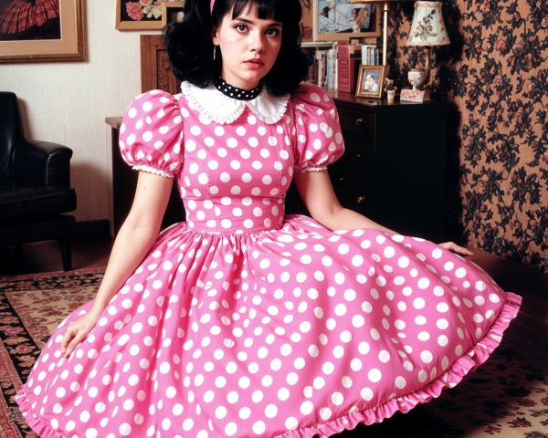Elegant Young Woman in Vintage Room with Polka Dots