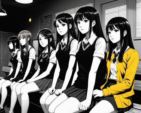 Monochromatic Illustration of School Girls on a Bench