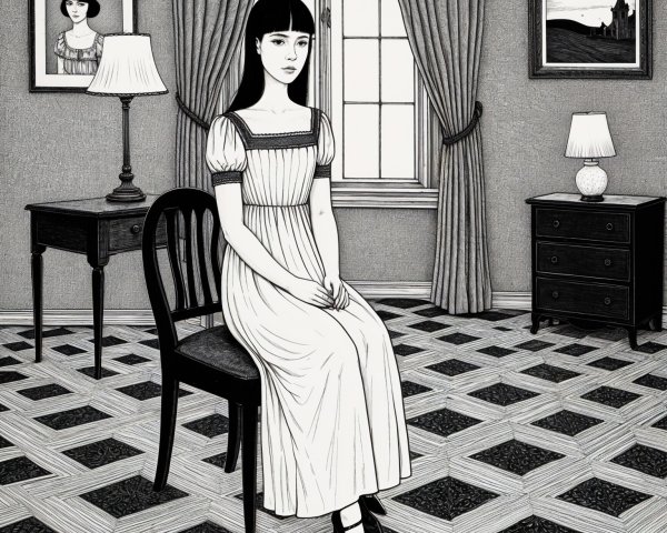 Solitary Girl in Simple Room with Monochromatic Decor