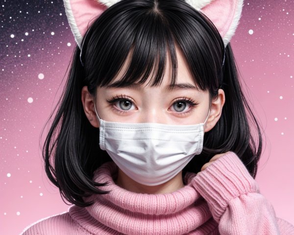 Young woman in pink sweater with whimsical background