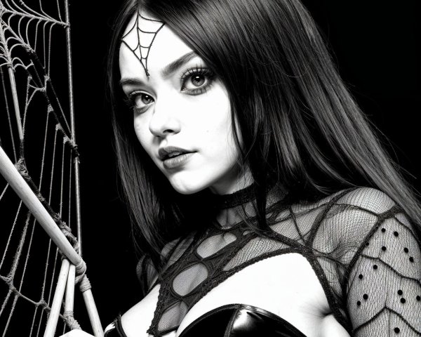 Black-and-white portrait of a model in spider-web attire