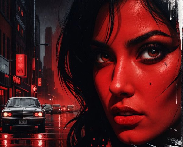 Surrealistic Painting of Red-Skinned Woman in City