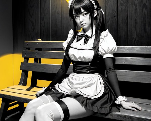 Young Woman in Classic French Maid Outfit on Bench