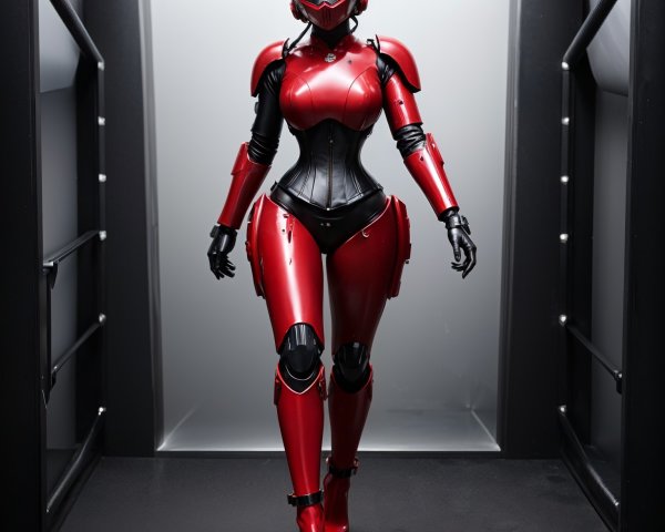 Futuristic Female in Sleek Red Armored Suit
