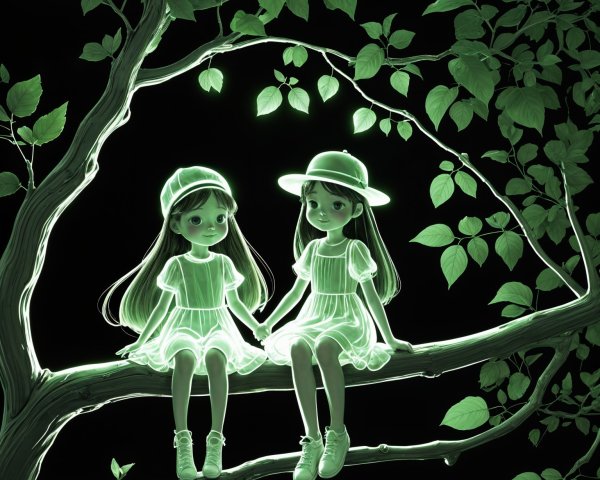 Whimsical Scene of Two Girls on a Tree Branch