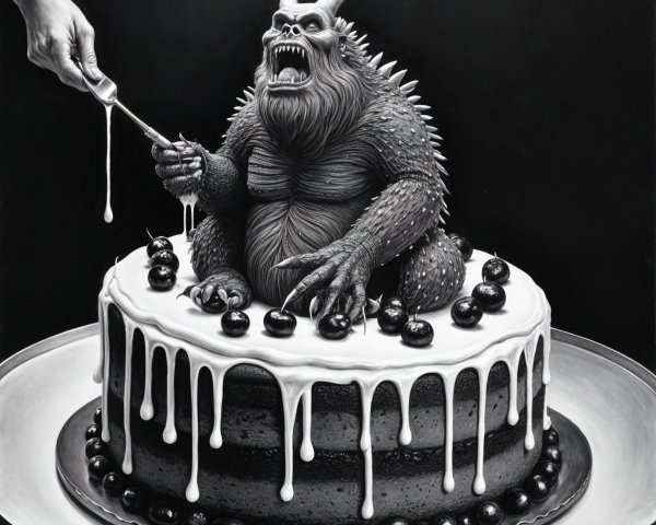 Black-and-white illustration of a creature on a cake