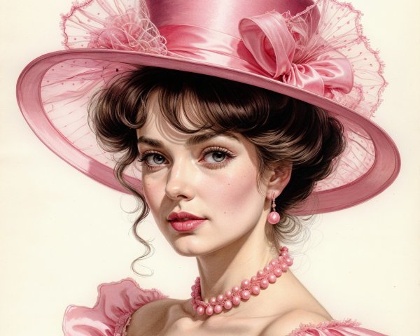 Young Woman in Elegant Pink Hat and Pastel Outfit