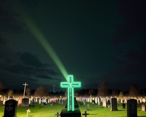 Neon Green Cross Illuminates Graveyard at Night