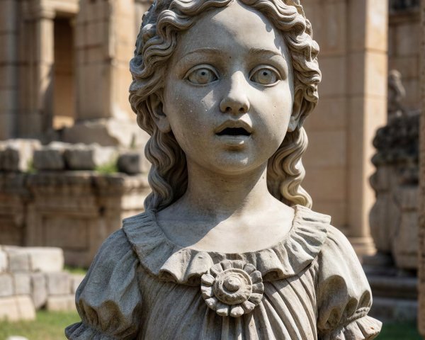 Weathered White Marble Statue of a Girl Outdoors