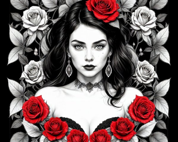 Black-and-white portrait of a woman with roses