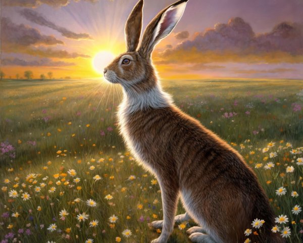 Majestic hare in a vibrant meadow at sunrise