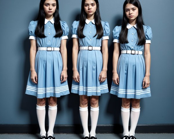 Three Identical Girls in Vintage Blue Dresses
