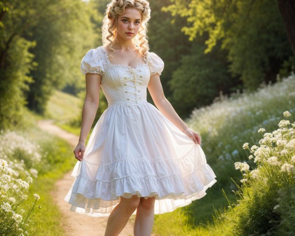 Young woman in vintage dress on sunlit path