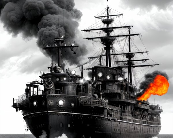 Steampunk Ship Navigating Turbulent Waters and Flames