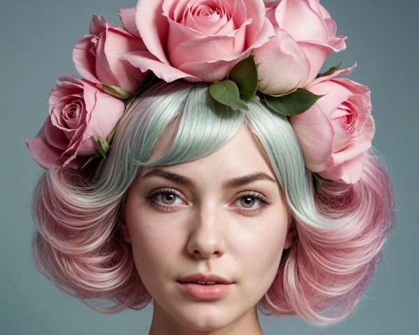 Young woman with pastel hair and rose crown