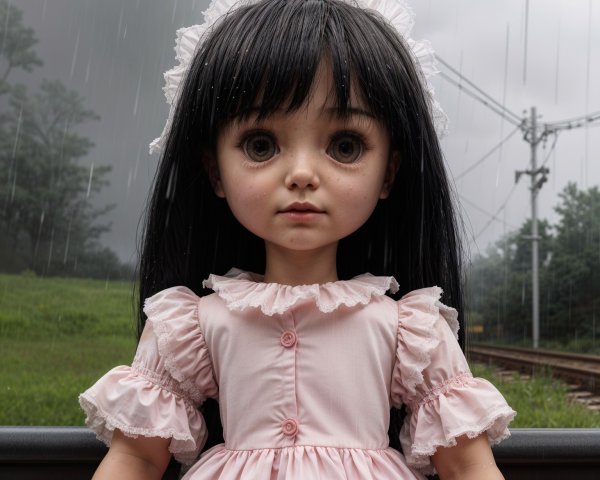 Lifelike doll in pink dress stands in rainy landscape