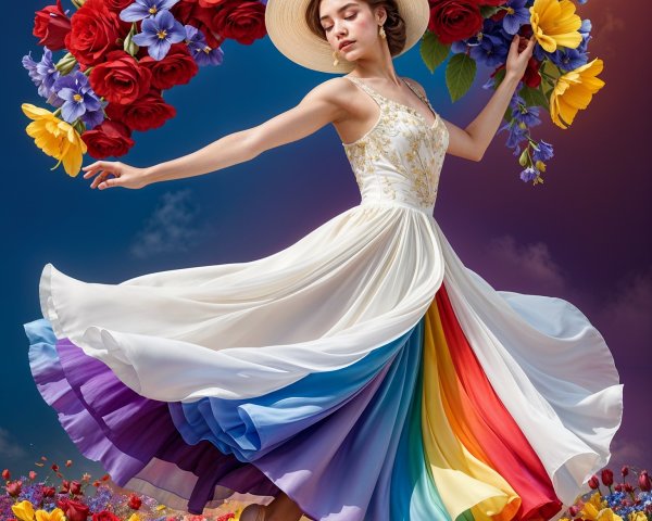 Dancer in White Dress with Rainbow Skirt and Flowers