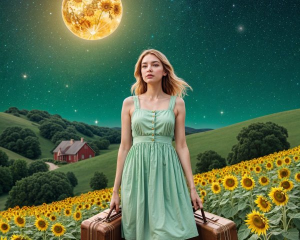 Young woman in green dress with suitcases in sunflower field