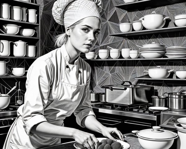 Chef in White Uniform Arranging Food in Pristine Kitchen