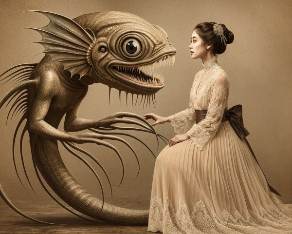 Surreal Scene of Woman and Fantastical Fish Creature