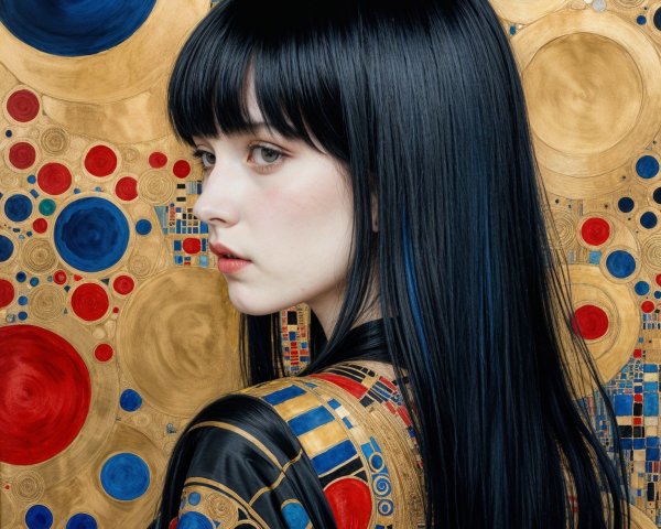 Young woman in ornate garment with vibrant patterns