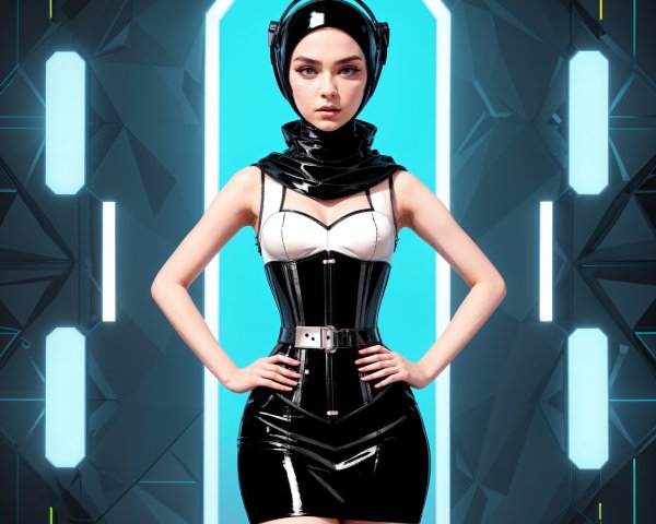 Futuristic Fashion with Glossy Black Outfit and Geometric Design