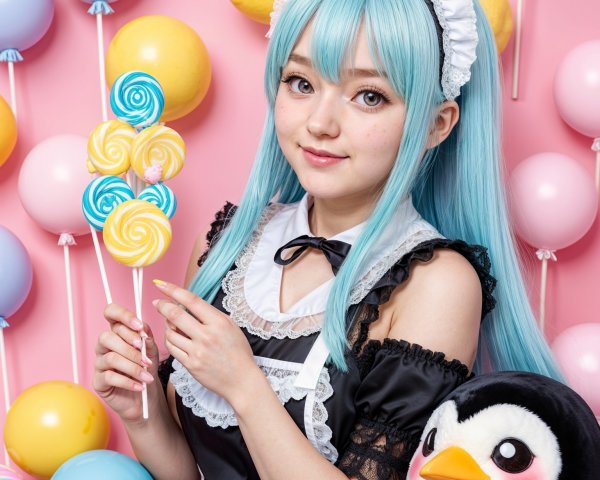Young woman in maid costume with lollipops and balloons