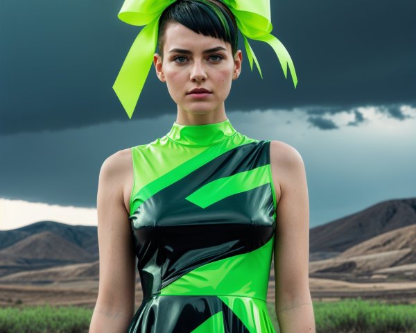 Model in high-gloss green dress with black stripes