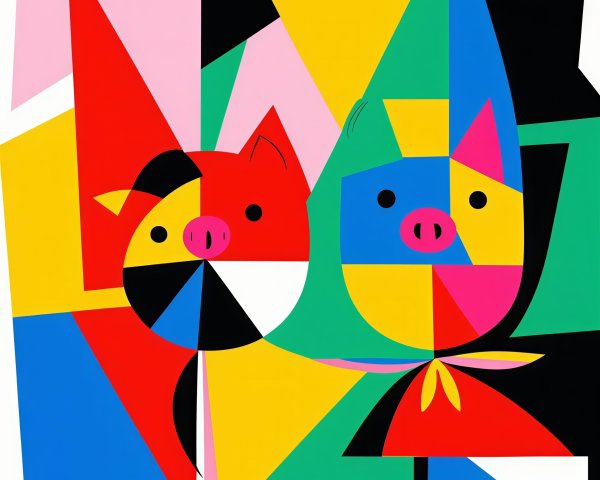 Stylized Pop Art Painting of Anthropomorphic Pigs