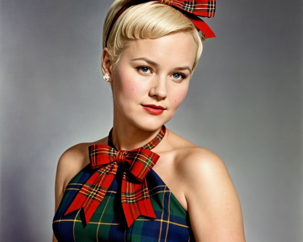 Stylish Woman in Red Plaid Dress with Bow Hair Accessory
