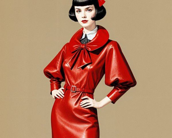 Model in Vibrant Red Dress with Bow Collar and Sleeves