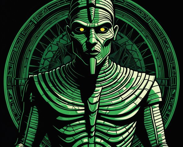 Futuristic Figure with Egyptian Motifs and Glowing Eyes