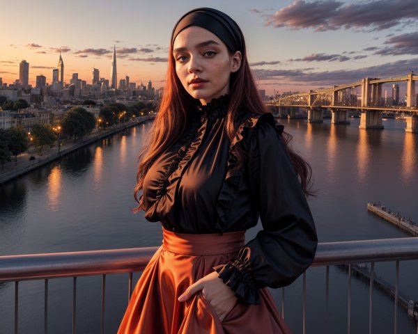 Young Woman on Bridge with City Skyline at Sunset