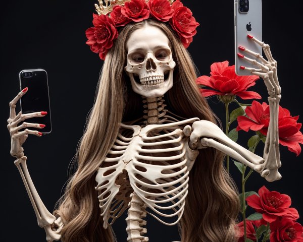 Skeleton with Crown and Flowers Holding Smartphones