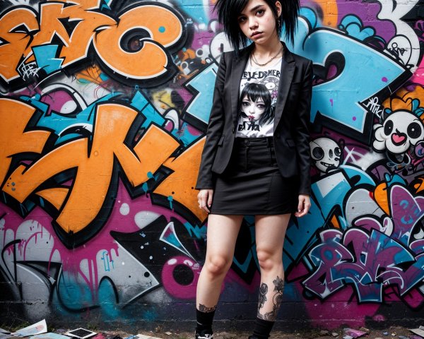 Young Woman in Edgy Fashion Against Graffiti Wall